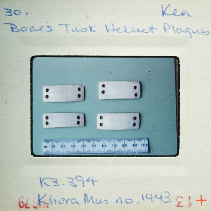 The image shows four small, white objects each with four holes on top of a green surface.