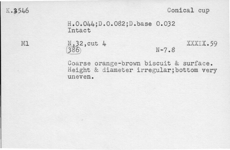 Index card with typed and handwritten information, sometimes including a sketch, of pottery from an excavation.