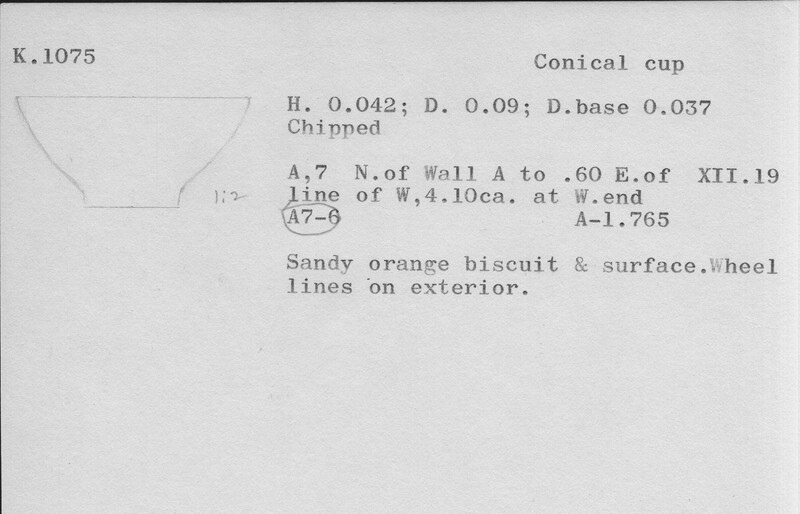 Index card with typed and handwritten information, sometimes including a sketch, of pottery from an excavation.