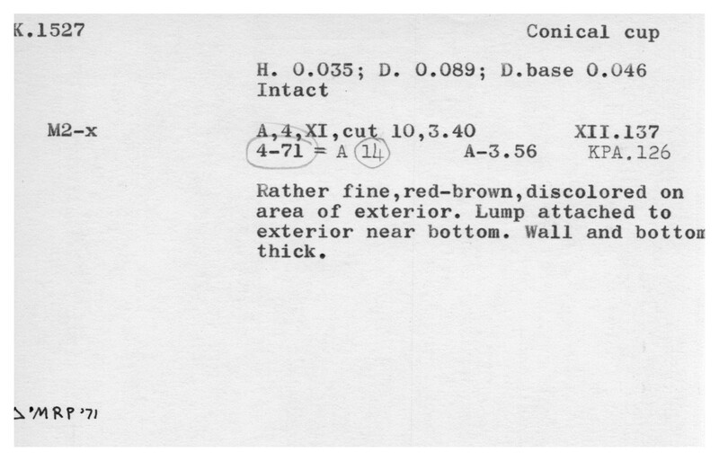 Index card with typed and handwritten information, sometimes including a sketch, of pottery from an excavation.