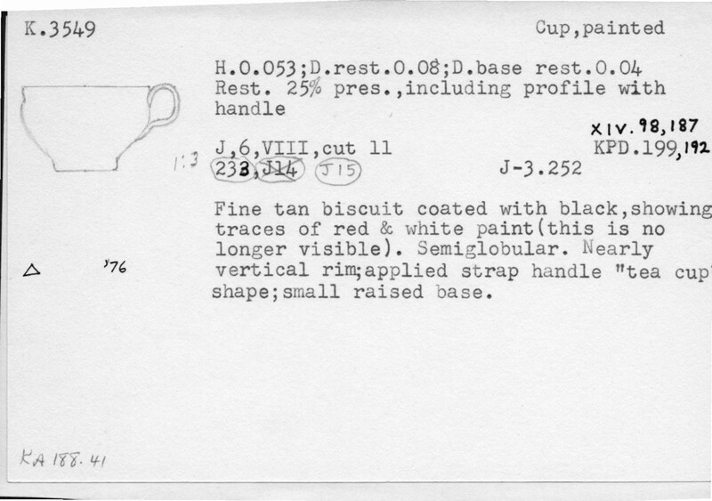 Index card with typed and handwritten information, sometimes including a sketch, of pottery from an excavation.