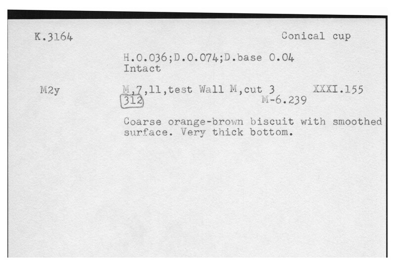 Index card with typed and handwritten information, sometimes including a sketch, of pottery from an excavation.
