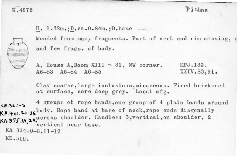 Index card with typed and handwritten information, sometimes including a sketch, of pottery from an excavation.