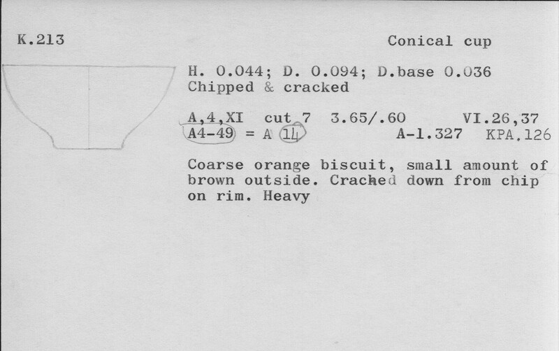 Index card with typed and handwritten information, sometimes including a sketch, of pottery from an excavation.