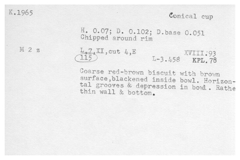 Index card with typed and handwritten information, sometimes including a sketch, of pottery from an excavation.