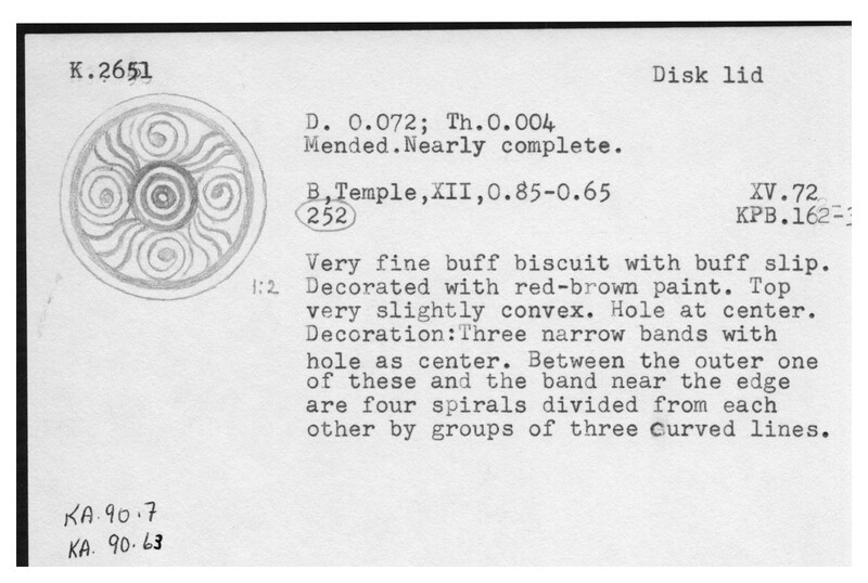 Index card with typed and handwritten information, sometimes including a sketch, of pottery from an excavation.