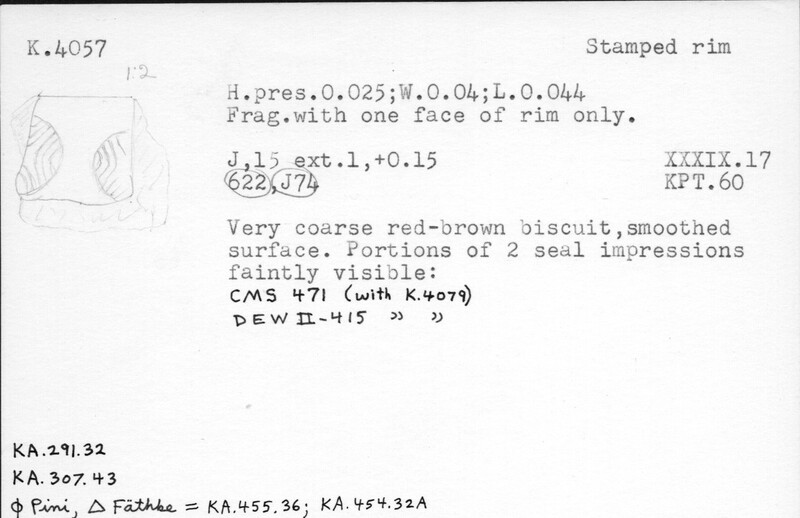 Index card with typed and handwritten information, sometimes including a sketch, of pottery from an excavation.