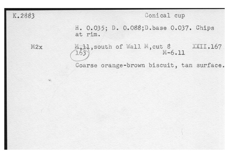 Index card with typed and handwritten information, sometimes including a sketch, of pottery from an excavation.