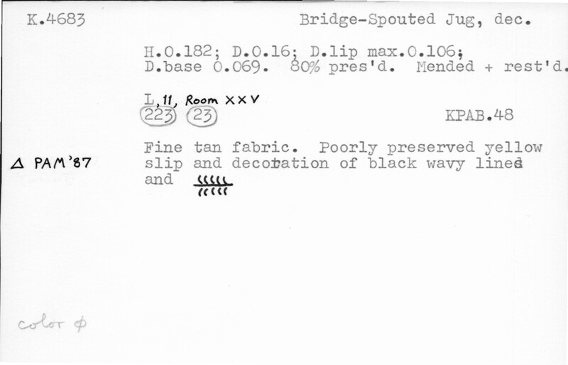 Index card with typed and handwritten information, sometimes including a sketch, of pottery from an excavation.