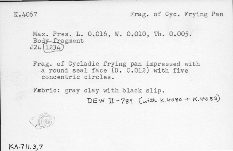 Index card with typed and handwritten information, sometimes including a sketch, of pottery from an excavation.