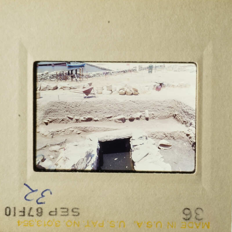 Two photos side by side showing an archaeological site with stone ruins and excavated trenches, possibly from an archeological dig.