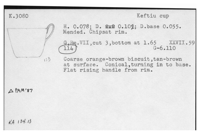 Index card with typed and handwritten information, sometimes including a sketch, of pottery from an excavation.