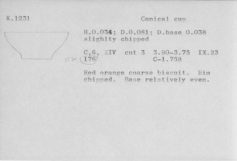Index card with typed and handwritten information, sometimes including a sketch, of pottery from an excavation.