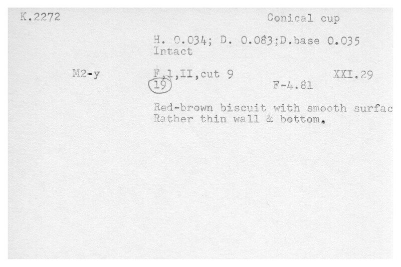Index card with typed and handwritten information, sometimes including a sketch, of pottery from an excavation.