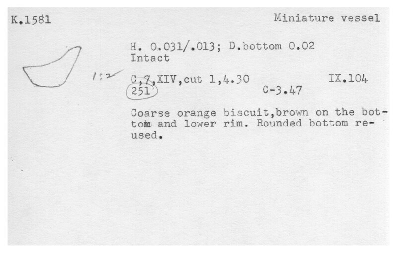 Index card with typed and handwritten information, sometimes including a sketch, of pottery from an excavation.