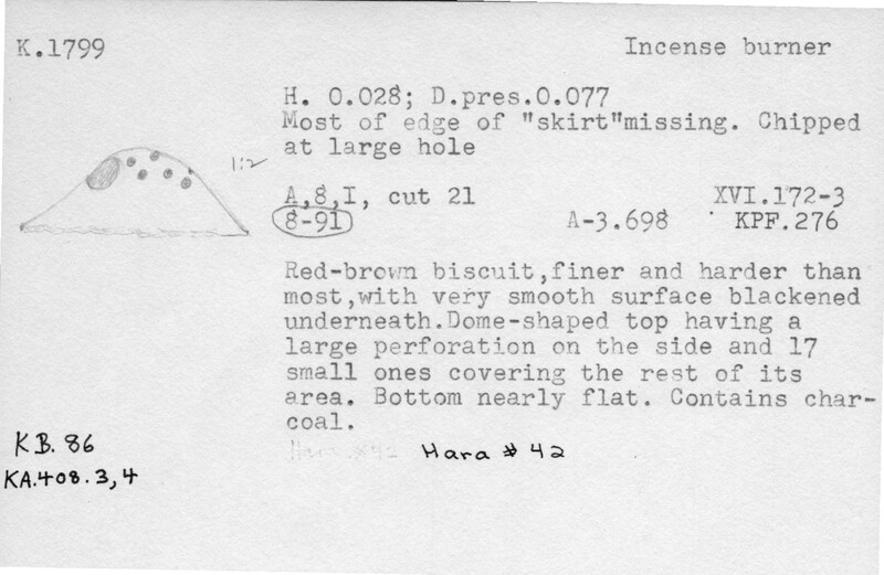 Index card with typed and handwritten information, sometimes including a sketch, of pottery from an excavation.