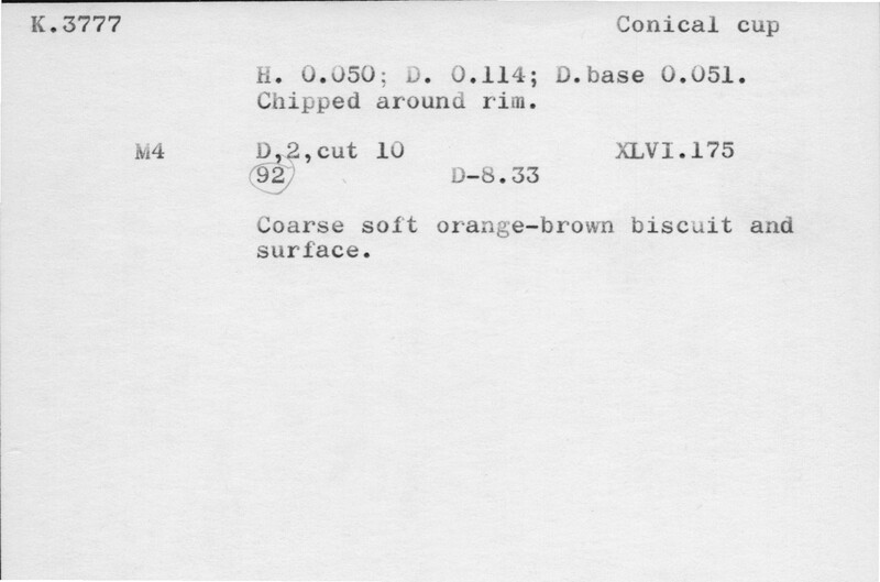Index card with typed and handwritten information, sometimes including a sketch, of pottery from an excavation.