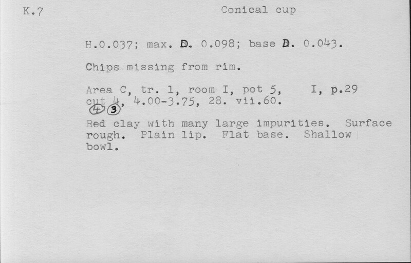 Index card with typed and handwritten information, sometimes including a sketch, of pottery from an excavation.