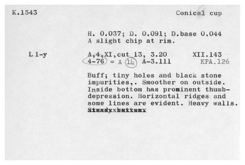 Index card with typed and handwritten information, sometimes including a sketch, of pottery from an excavation.