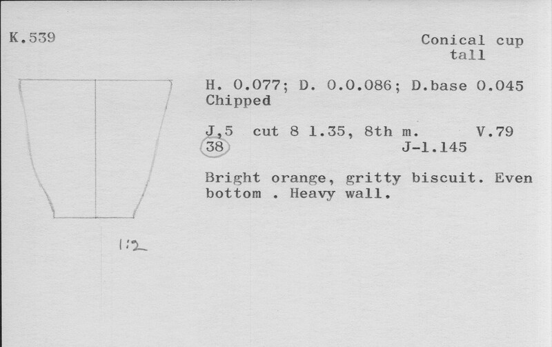 Index card with typed and handwritten information, sometimes including a sketch, of pottery from an excavation.