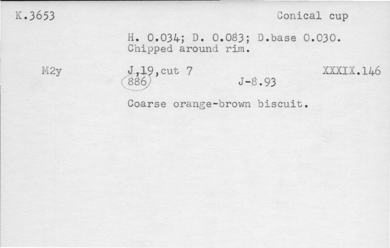 Index card with typed and handwritten information, sometimes including a sketch, of pottery from an excavation.