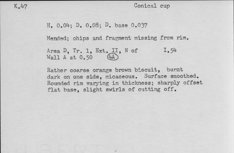 Index card with typed and handwritten information, sometimes including a sketch, of pottery from an excavation.