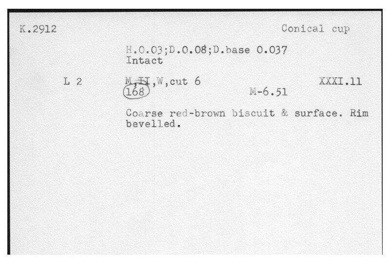Index card with typed and handwritten information, sometimes including a sketch, of pottery from an excavation.