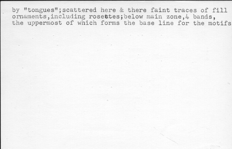 Index card with typed and handwritten information, sometimes including a sketch, of pottery from an excavation.