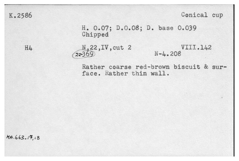 Index card with typed and handwritten information, sometimes including a sketch, of pottery from an excavation.