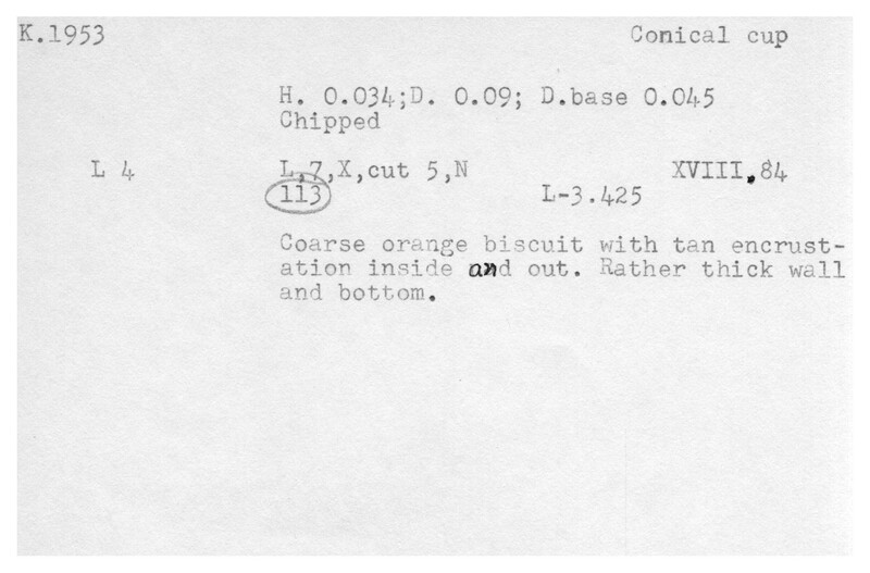 Index card with typed and handwritten information, sometimes including a sketch, of pottery from an excavation.