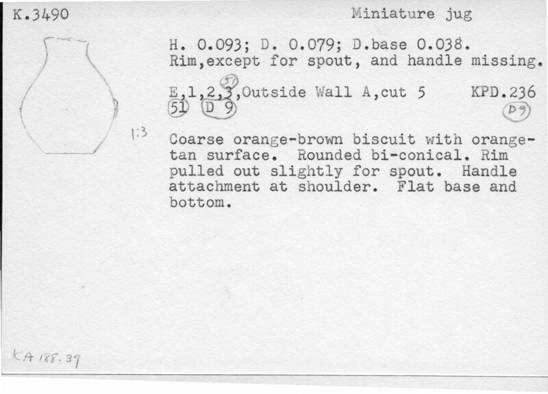 Index card with typed and handwritten information, sometimes including a sketch, of pottery from an excavation.