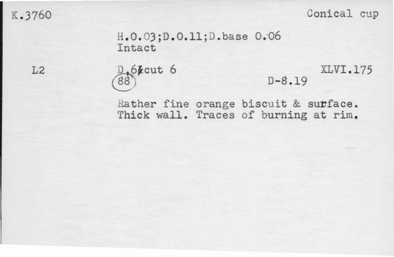 Index card with typed and handwritten information, sometimes including a sketch, of pottery from an excavation.