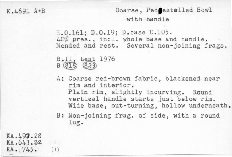 Index card with typed and handwritten information, sometimes including a sketch, of pottery from an excavation.