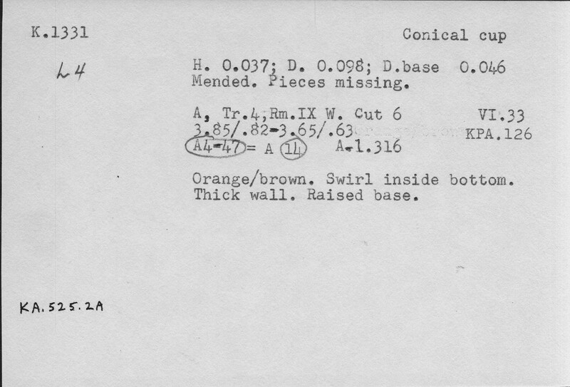 Index card with typed and handwritten information, sometimes including a sketch, of pottery from an excavation.