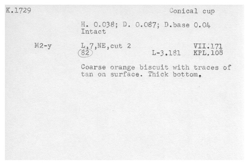 Index card with typed and handwritten information, sometimes including a sketch, of pottery from an excavation.