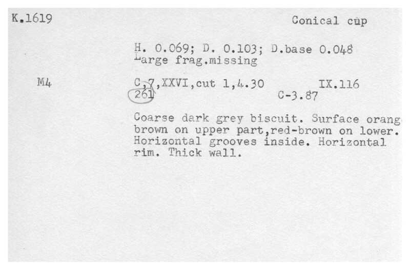 Index card with typed and handwritten information, sometimes including a sketch, of pottery from an excavation.
