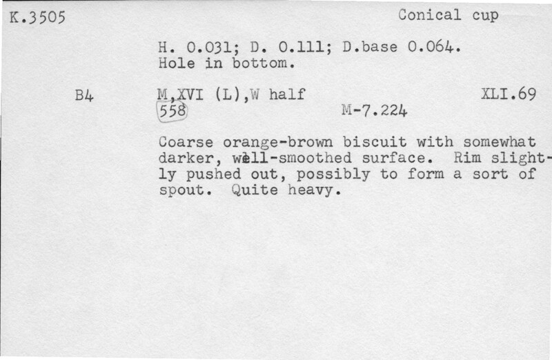 Index card with typed and handwritten information, sometimes including a sketch, of pottery from an excavation.