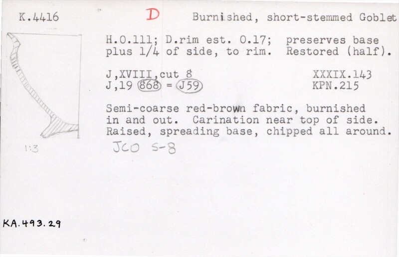 Index card with typed and handwritten information, sometimes including a sketch, of pottery from an excavation.