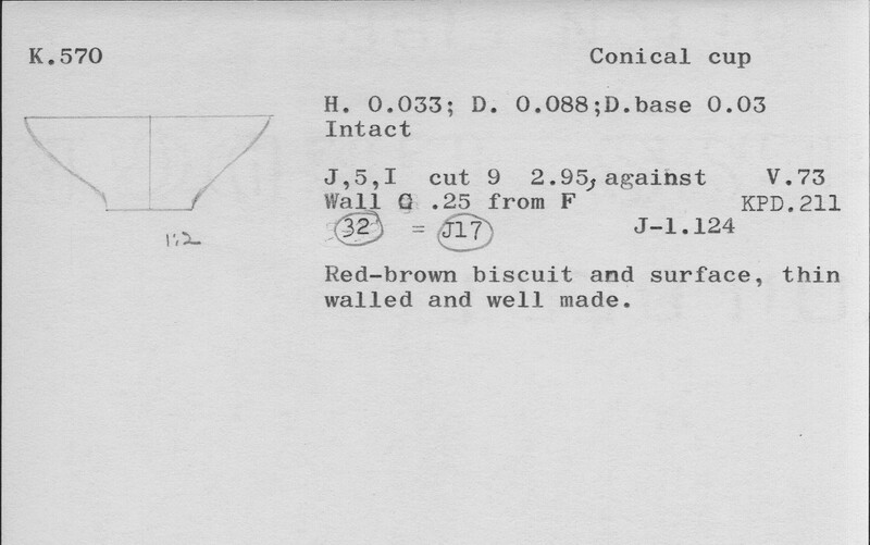 Index card with typed and handwritten information, sometimes including a sketch, of pottery from an excavation.