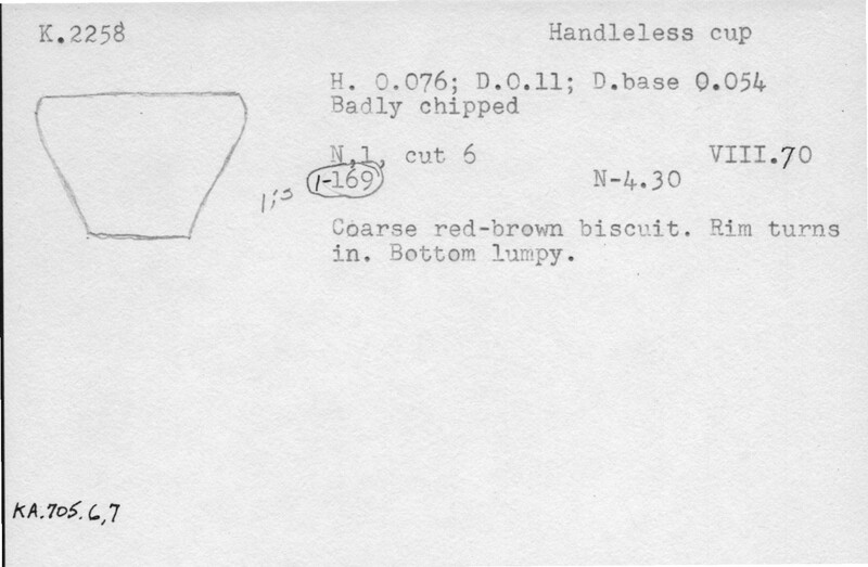 Index card with typed and handwritten information, sometimes including a sketch, of pottery from an excavation.