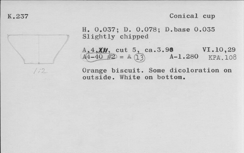 Index card with typed and handwritten information, sometimes including a sketch, of pottery from an excavation.