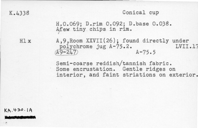 Index card with typed and handwritten information, sometimes including a sketch, of pottery from an excavation.