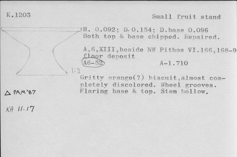 Index card with typed and handwritten information, sometimes including a sketch, of pottery from an excavation.