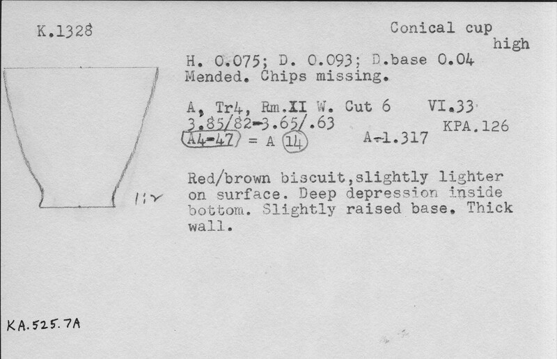 Index card with typed and handwritten information, sometimes including a sketch, of pottery from an excavation.