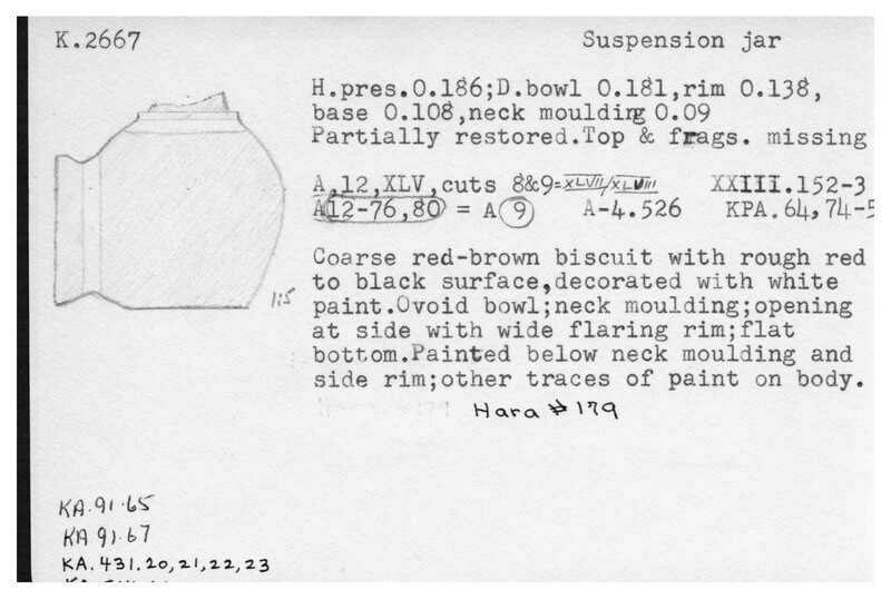 Index card with typed and handwritten information, sometimes including a sketch, of pottery from an excavation.