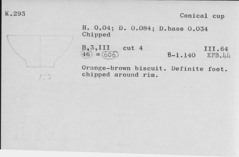 Index card with typed and handwritten information, sometimes including a sketch, of pottery from an excavation.