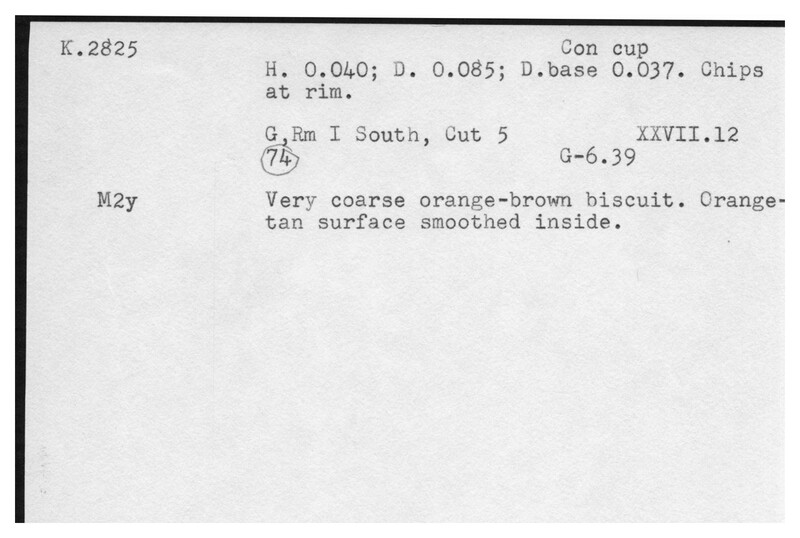 Index card with typed and handwritten information, sometimes including a sketch, of pottery from an excavation.