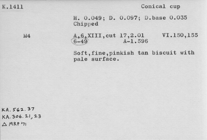 Index card with typed and handwritten information, sometimes including a sketch, of pottery from an excavation.