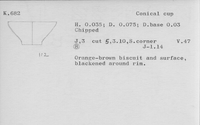 Index card with typed and handwritten information, sometimes including a sketch, of pottery from an excavation.