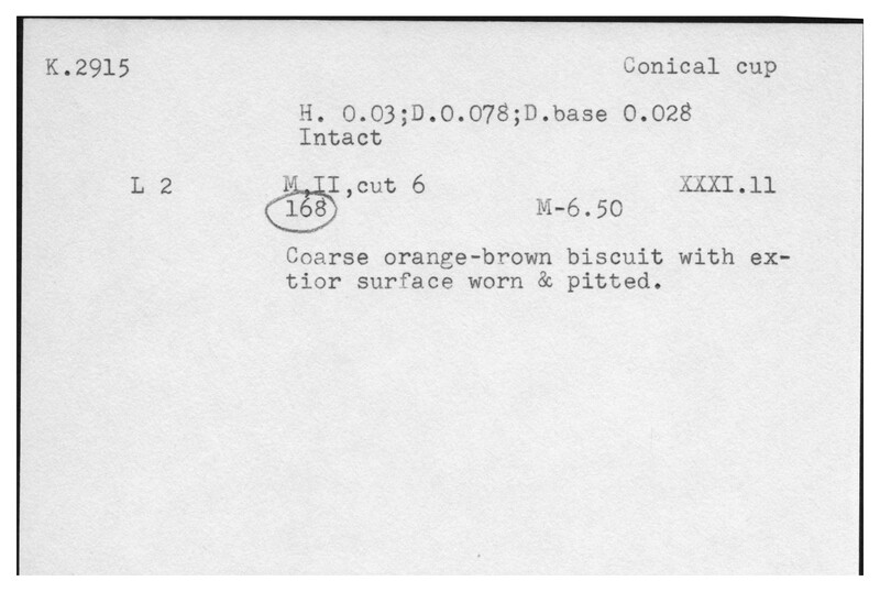 Index card with typed and handwritten information, sometimes including a sketch, of pottery from an excavation.